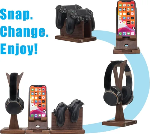 Vista 2 de Regalo de jugador para esposo novio, organizador de controlador ajustable con soporte para auriculares, soporte giratorio para teléfono y soporte