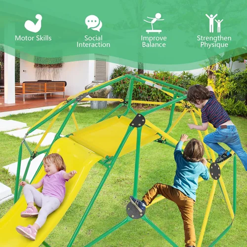 Vista 8 de Olakids Cúpula de escalada con tobogán, para niños al aire libre, gimnasio, cúpula geométrica, marco de acero, estructura de escalada de 8 pies