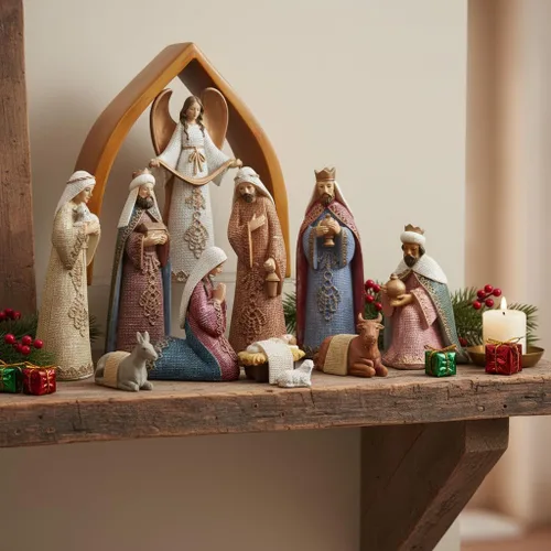 Vista 5 de Comfy Hour Faith and Hope Collection Baby Jesus, Santa Familia con Ángel, Belén de Navidad, juego de 11 piezas, poliresina