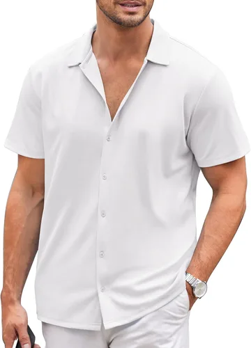 Vista 14 de COOFANDY Camisa casual con botones para hombre, manga corta, sin arrugas, camisa de verano Negro