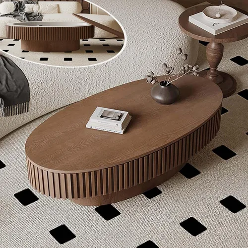 Vista 11 de Mesa de café cuadrada pequeña con almacenamiento, mesa de café moderna de madera con chapa de madera maciza, mesa central estriada