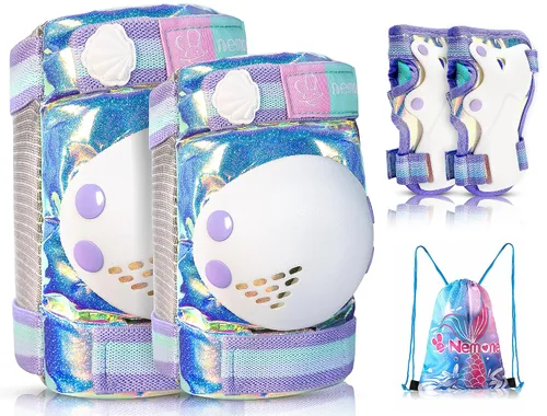 Vista 12 de NEMONE Rodilleras para niños, coderas, coderas, muñequeras con bolsa de cordón, juego de equipo de protección reflectante ajustable para patinetes