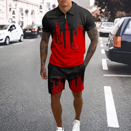 Vista 2 de Conjunto de 2 piezas de verano para hombre, camisa polo con cremallera de 14 y pantalones cortos, conjuntos de camiseta de manga corta y pantalones