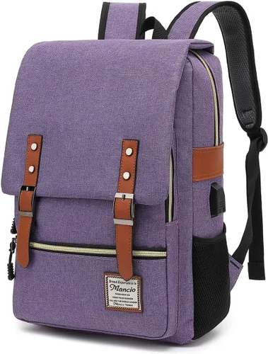 Vista 8 de Mancio Mochila vintage delgada para laptop para mujeres y hombres, bolsa universitaria de negocios resistente a desgarros con puerto de carga USB