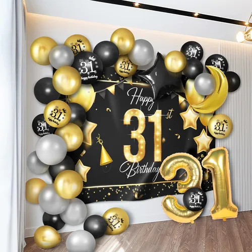 Vista 16 de Juego de globos dorados de feliz cumpleaños número 10 – Saludos a los 10 años de edad, guirnalda temática de fiesta con estrellas y luna, decoración