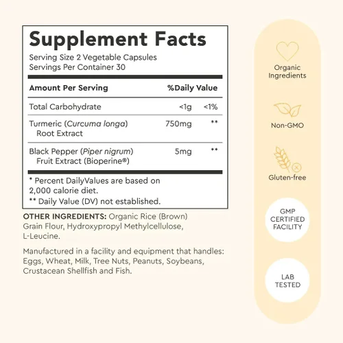 Vista 6 de Alaya Naturals Suplemento de curcumina de cúrcuma con BioPerine – 750 mg por porción, 95% extracto de curcumina cápsulas de cúrcuma para comodidad