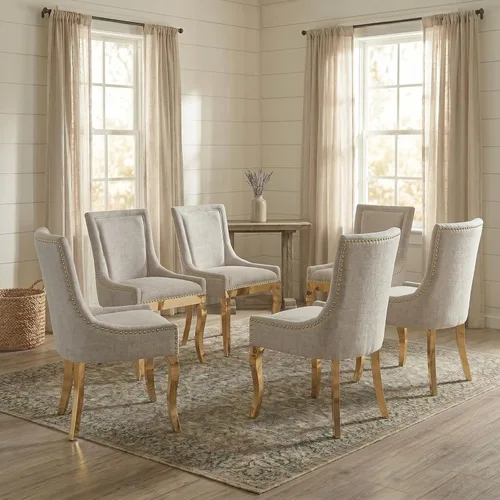 Vista 40 de Juego de 2 sillas de comedor tapizadas, sillas de cocina de tela con ribete de cabeza de clavo, sillas de cocina y comedor con respaldo alto, patas