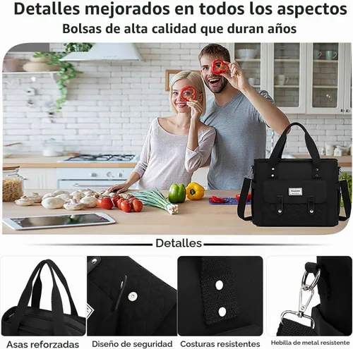 Vista 6 de Bolsa de almuerzo aislada para mujer, negro, nailon, 13.5 x 6.8 x