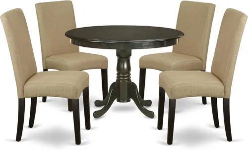Vista 13 de East West Furniture HLDR3-CAP-03 Juego de mesa de comedor de 3 piezas contiene una mesa de comedor redonda con pedestal y 2 sillas Parson tapizadas