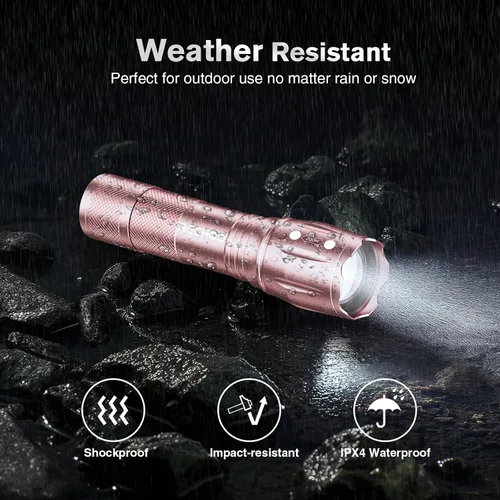 Vista 4 de RECHOO Juego de linterna LED de 2 unidades, rosa, linternas tácticas de alto lúmen con 3 modos, linterna pequeña de bolsillo, linternas impermeables