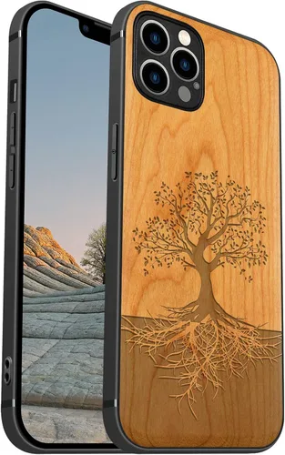 Vista 16 de Carveit Funda de madera para iPhone 12, árbol con raíces - Blackwood) Blackwood-12