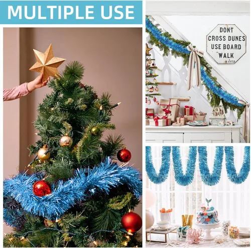 Vista 4 de Guirnalda de oropel de Navidad azul claro de 118 pies, guirnalda metálica giratoria brillante para colgar en el árbol de Navidad, hogar, oficina