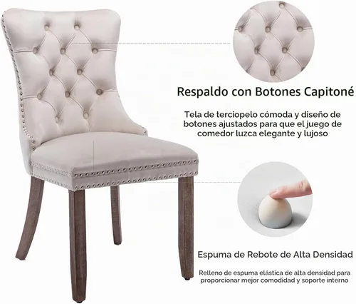 Vista 5 de Juego de 2 sillas de comedor de terciopelo beige, modernas sillas de cocina tapizadas