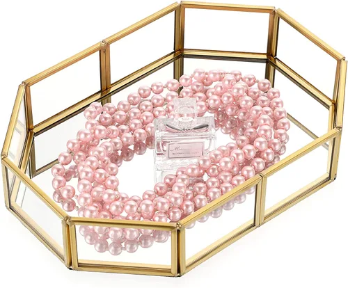 Vista 6 de Hipiwe Mirror Glass Vanity Tray - Gold Ornate Makeup Organizer Perfume Tray