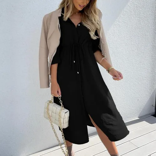 Vista 3 de Twoker Vestidos de mujer de color cuello vuelto botones cintura con cordones media manga vestido casual de primavera para mujer