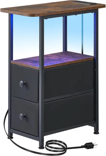 Vista 12 de DALEMHOME Mesa auxiliar estrecha con estación de carga, mesa auxiliar estrecha con cajón, mesita de noche pequeña con luz LED, mesita de noche Negro