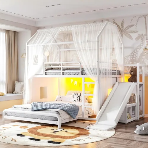 Vista 10 de RUNNA Playhouse Twin Over Full Bunk Bed with Slide and LED，Antique White-M