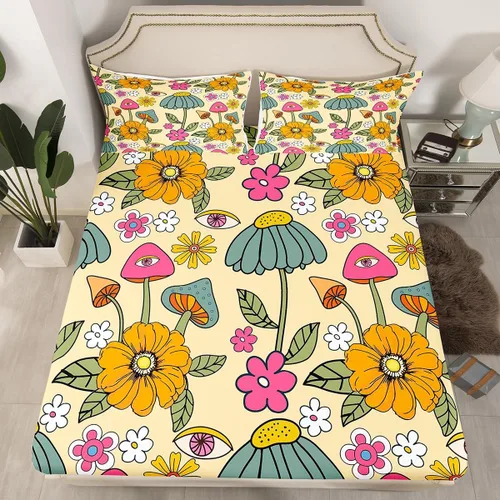 Vista 14 de Juego de sábanas ajustadas estilo 70s hippie retro para cama individual, juego vintage de otoño con hojas florales para niños y niños, juego de ropa