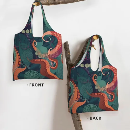 Vista 5 de Bolsas de lona con estampado abstracto de pulpo, bolsa de playa grande, bolsa de hombro de lona, bolsas de compras reutilizables