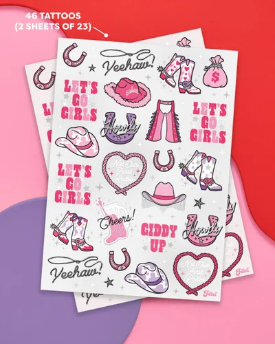 Vista 2 de xo, Fetti Tatuajes temporales para fiesta de cumpleaños de Rodeo, 46 estilos plateados, decoraciones de cumpleaños, accesorio de vaquera Giddy Up