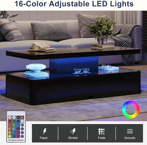 Vista 3 de MXV - Mesa de café moderna, mesas de café de 40 pulgadas con luces LED de 16 colores, mesa central rectangular de 2 niveles, gran espacio de 40