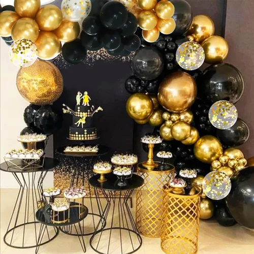 Vista 5 de Felice Arts Decoración de fiesta de Año Nuevo Confeti de Globos de Látex Kit de Arco de Guirnalda de Globos Negro y Dorado para Decoración de Oro