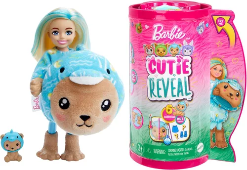 Vista 10 de Muñeca Barbie Cutie Reveal Chelsea y accesorios, disfraz de peluche de animal y 6 sorpresas que incluyen cambio de color, cachorro como rana