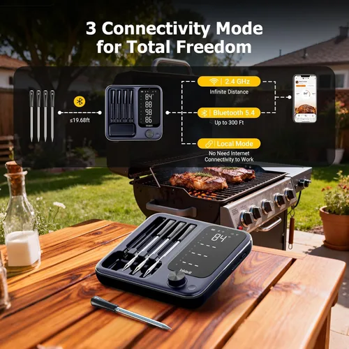 Vista 2 de Termómetro inalámbrico de carne con control de aplicación, 4 sondas termómetro de carne digital, rango ilimitado WiFi y Bluetooth termómetro