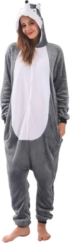 Vista 9 de ZOBAYOP Pijama unisex con capucha de animales para adultos para mujeres y hombres, disfraz de Halloween, cosplay, husky