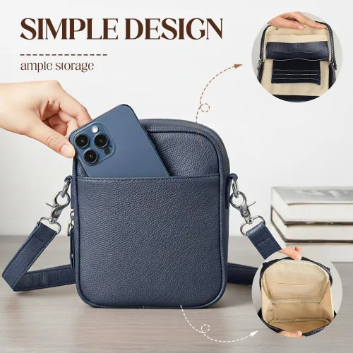 Vista 3 de Bolso bandolera de cuero, bolso mensajero de doble capa de gran capacidad, de cuero sintético retro con monedero incorporado, bolsa antirrobo