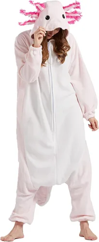 Vista 2 de DELEY Unisex Axolotl Onesie Adult Halloween Costume Anime Axolotl Cosplay Pajamas Warm Sleepwear Homewear