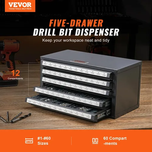 Vista 4 de VEVOR Gabinete Dispensador de Brocas, Dispensador de Brocas de Cinco Cajones, Gabinete Organizador de Brocas de 60 Compartimentos, Gabinete
