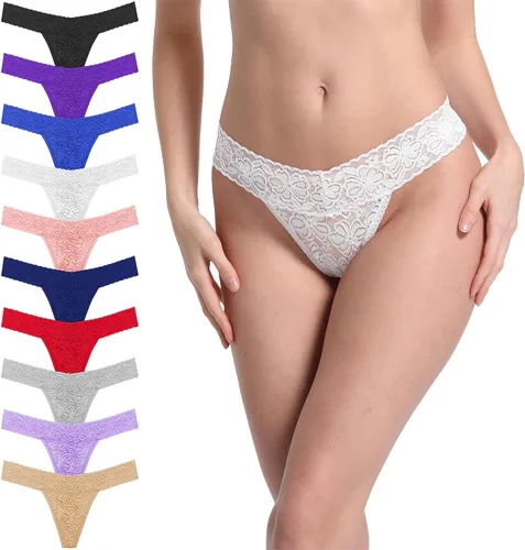 Vista 7 de T Back Sexy Low Rise Elástico Invisible Patrones Encaje Algodón Mujeres Tangas Pack Tangas de cinturón de 10
