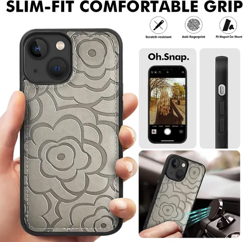 Vista 3 de CASEOWL Camellia - Funda de piel vegana en relieve compatible con iPhone 13, magnética, desmontable, delgada, funda protectora de TPU para iPhone