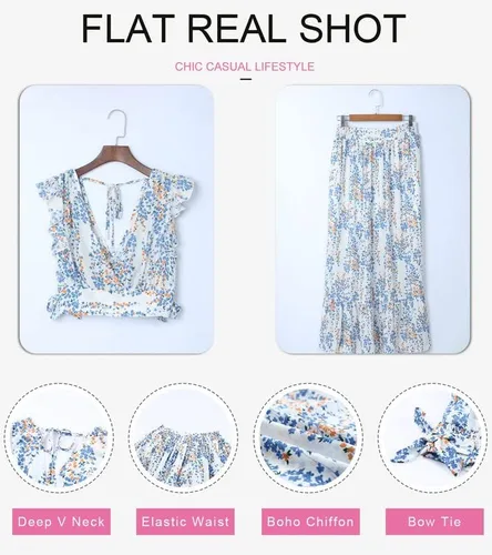 Vista 3 de Dokotoo Vestido bohemio para mujer, cuello en V profundo, 2 piezas, falda con volantes, manga casquillo, lazo en la cintura, vestido largo de gasa