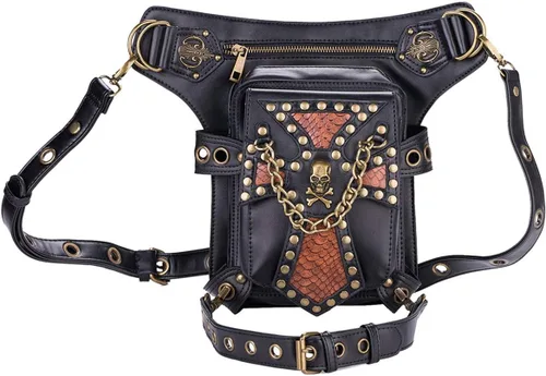 Vista 10 de Riñonera gótica, punk, táctica, para exteriores, bicicleta, motocicleta, ciclismo, senderismo, riñonera para cadera/muslo, bolsa de hombro negra
