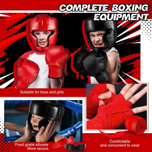 Vista 4 de Kanayu Juego de 12 piezas de equipo de boxeo para niños principiantes de 6 a 18 años, incluye casco de boxeo y guantes, vendas, protectores bucales