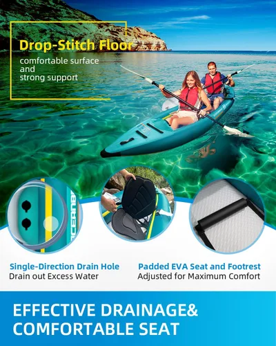 Vista 5 de OCEANBROAD Kayak Inflable Sit-in (SIN HIN), Kayak Inflable para 1 Persona/2 Personas para Adultos con Remo, Asiento de Kayak, Pedal, Bomba de Mano