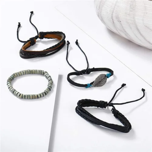 Vista 7 de Pulsera de cadena de muñeca con dije de moda para mujer, conjunto de pulseras de joyería punk para mujer, 4 piezas, pulseras de cuero multicapa