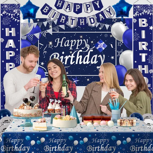 Vista 7 de Decoraciones de cumpleaños azules y plateadas, decoraciones de fiesta de cumpleaños para hombres, niños, mujeres y niñas, con pancarta de feliz