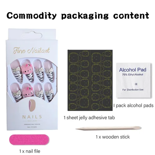 Vista 2 de Uñas postizas a presión con estampado de leopardo, lindas uñas postizas con dijes, uñas largas de ataúd, uñas postizas de cobertura completa