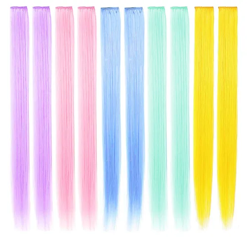 Vista 9 de 12 extensiones de cabello azul con clip en reflejos de 20 pulgadas, extensiones de cabello lacio de color liso con clip para mujer, peluca arcoíris