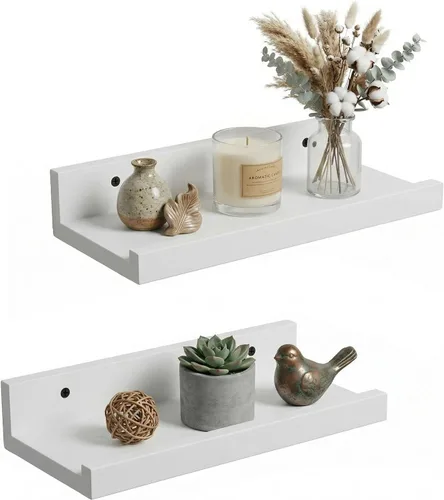 Vista 15 de Z metnal Mini estantes flotantes, pequeño estante de pared de madera natural para repisa de fotos, Pawlownia, montado en la pared, marrón claro, 6 x