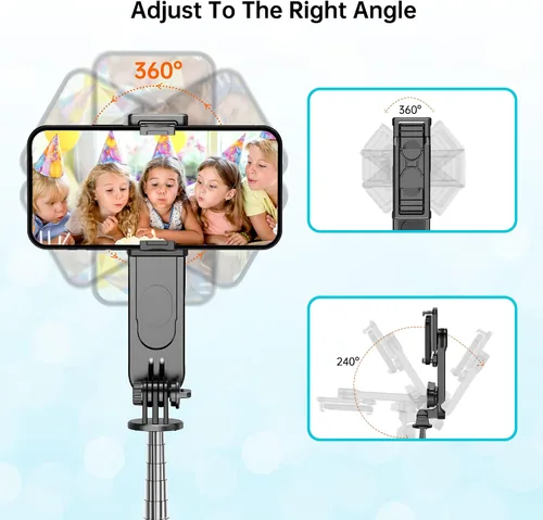 Vista 5 de Trípode estable para selfie stick con luz de relleno, palo selfie extensible de 44 pulgadas con control remoto inalámbrico y soporte de trípode