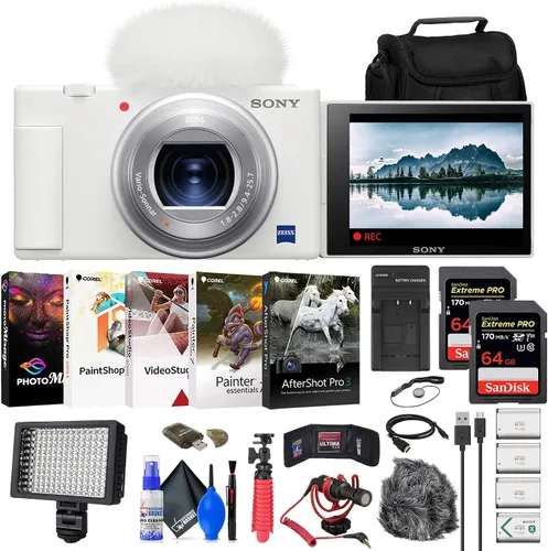 Vista 9 de Sony Cámara digital ZV-1 (negro) (DCZV1/B) + 2 tarjetas de memoria de 64 GB + funda + 3 baterías NP-BX1 + lector de tarjetas + luz LED + software