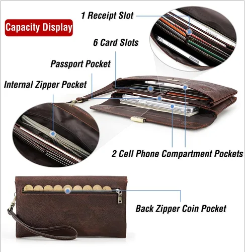 Vista 14 de Funda de piel de grano superior para hombre y mujer, múltiples bolsillos/ranuras, RFID de gran capacidad para tarjetas, cheques, dinero, pasaporte