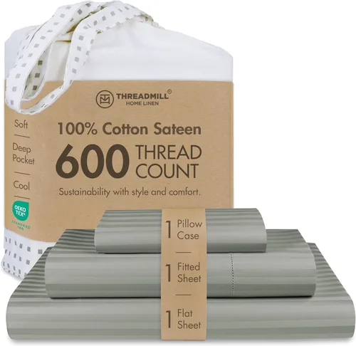 Vista 50 de Threadmill Sábanas de tamaño matrimonial, 100 % algodón puro de 600 hilos, 4 piezas, damasco, gris oscuro, calidad de hotel, sábanas de algodón