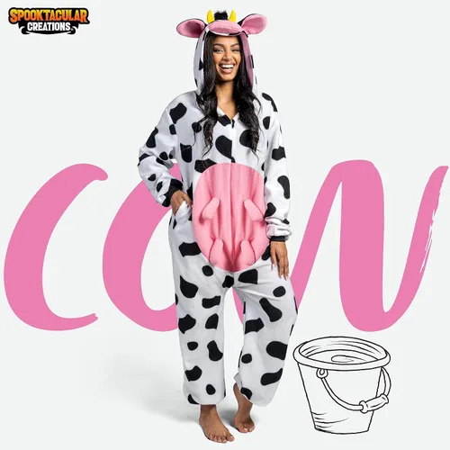 Vista 2 de Spooktacular Creations Unisex Adult Cow Pajama Plush Costume with Hat Tail for Dress Up Party Role Play Theme Party Halloween