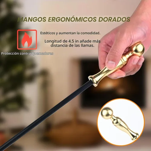 Vista 5 de Juego de herramientas para chimenea de 5 piezas con soporte, kit de herramientas de hierro forjado con póster, pinzas, pala, cepillo y base