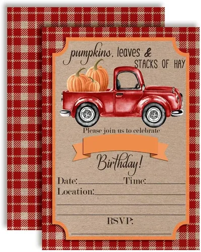 Vista 16 de Amanda Creation Invitaciones de cumpleaños de Pumpkin Truck, paquete de 20 invitaciones de cumpleaños de otoño de 5 x 7 con sobres blancos, tarjetas